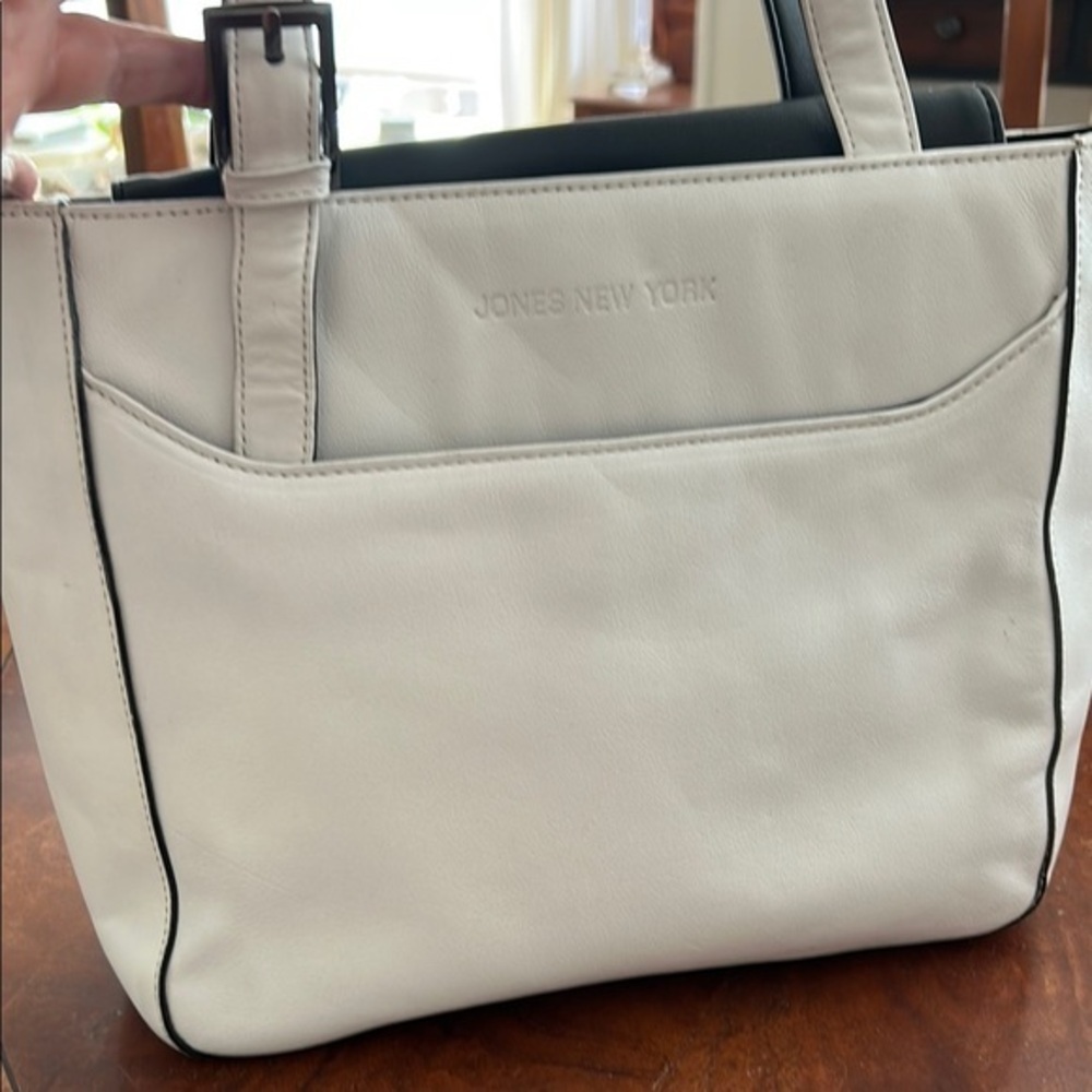 Jones New York White and Black Faux Leather Tote Bag